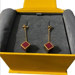 FENDI CUBE LONG EARRINGS GOLD & RED GREAT FOR HOLIDAYS